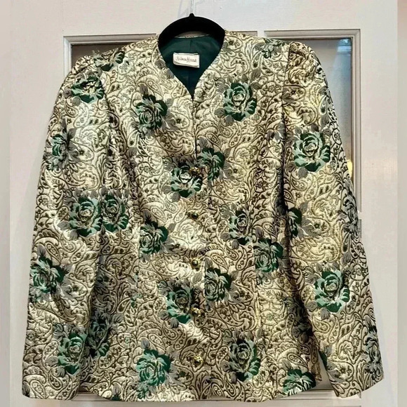 Vintage Neiman Marcus Gold Metallic Shimmer Rose 80’s Rock Glam Blazer Size 8 M - Picture 16 of 16